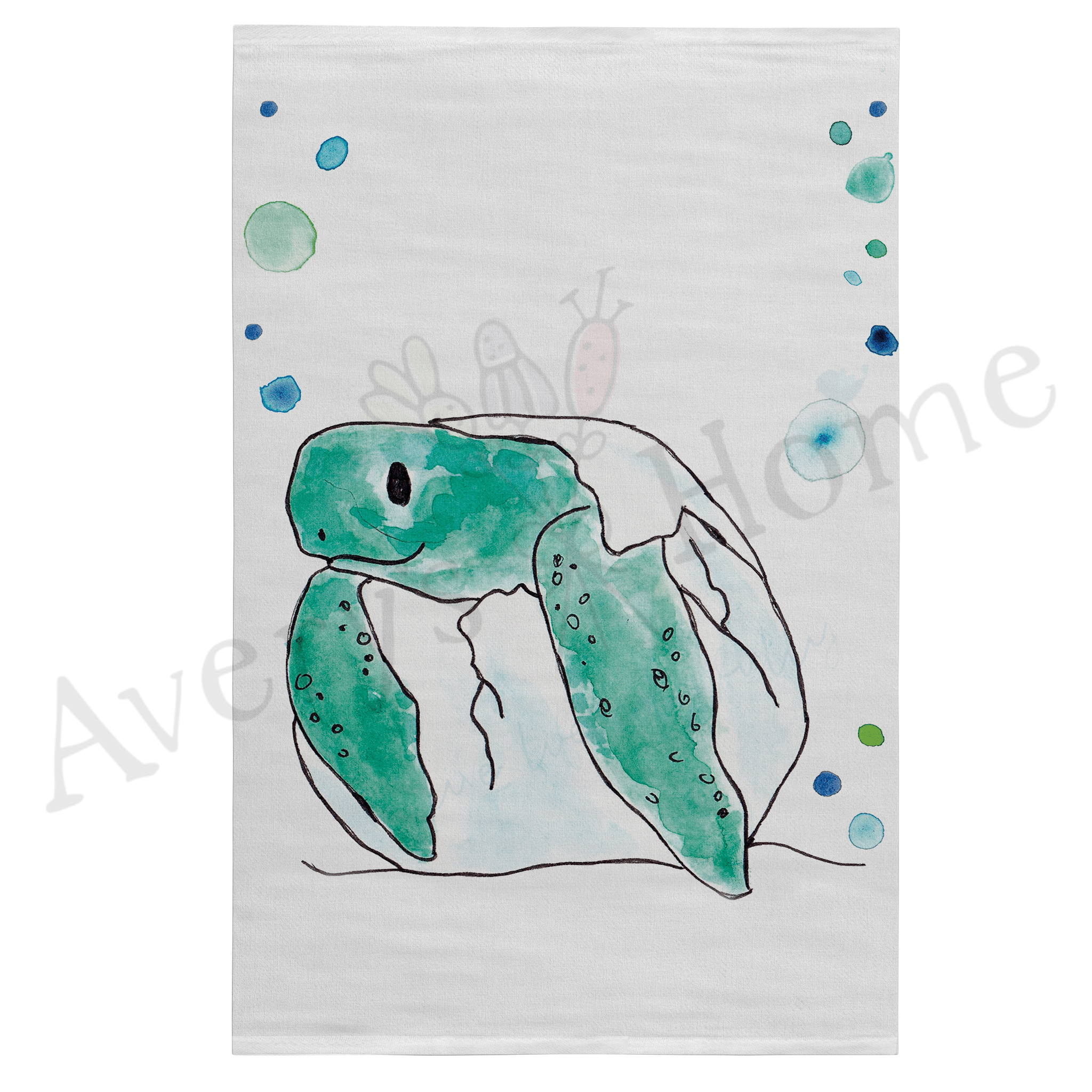 Single Turtle Egg dish towel hanging in the kitchen