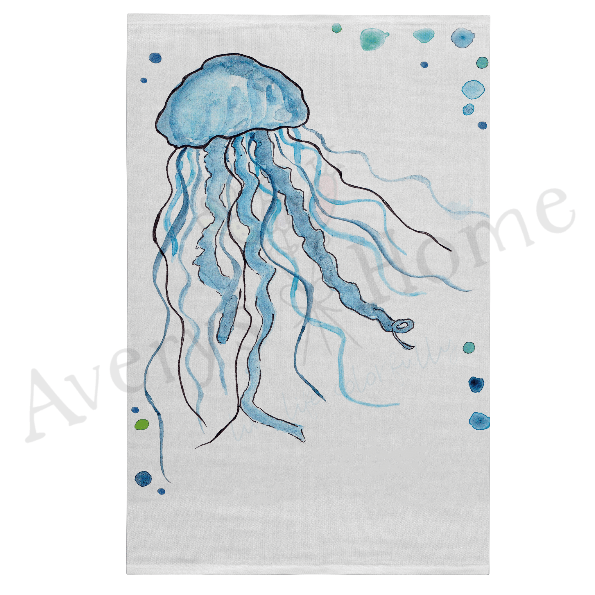 Jellyfish dish towel hanging in the kitchen