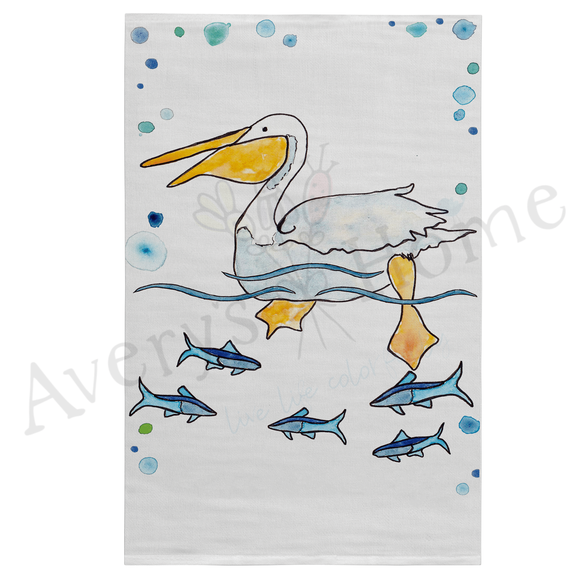 Pelican Swimming dish towel, 27x27 flour sack cotton