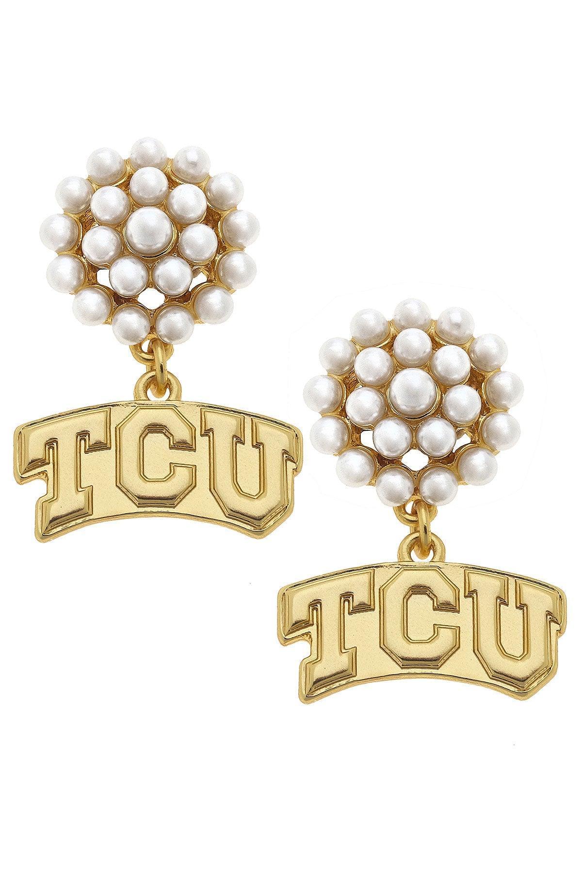 TCU Horned Frogs Pearl Cluster 24K Gold Plated Logo Earrings