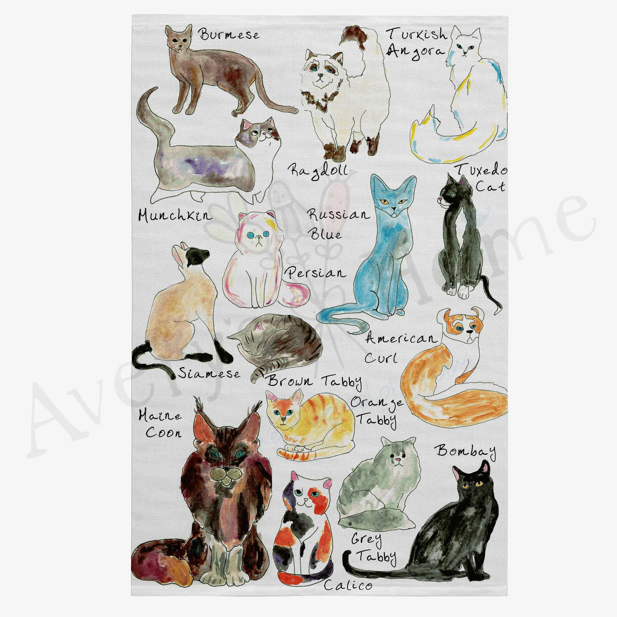 Cat Breeds dish towel design detail