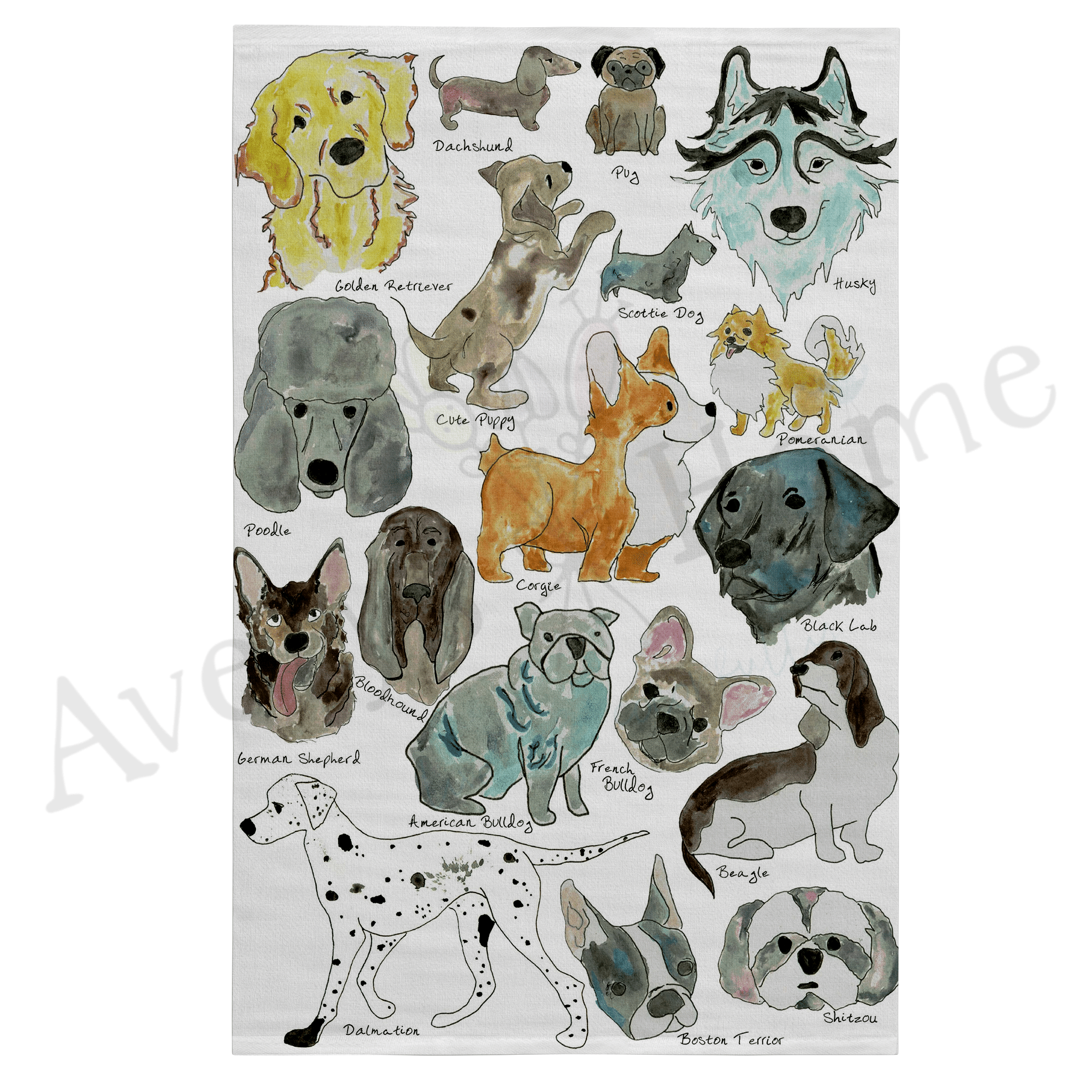 Dog Breeds dish towel design detail