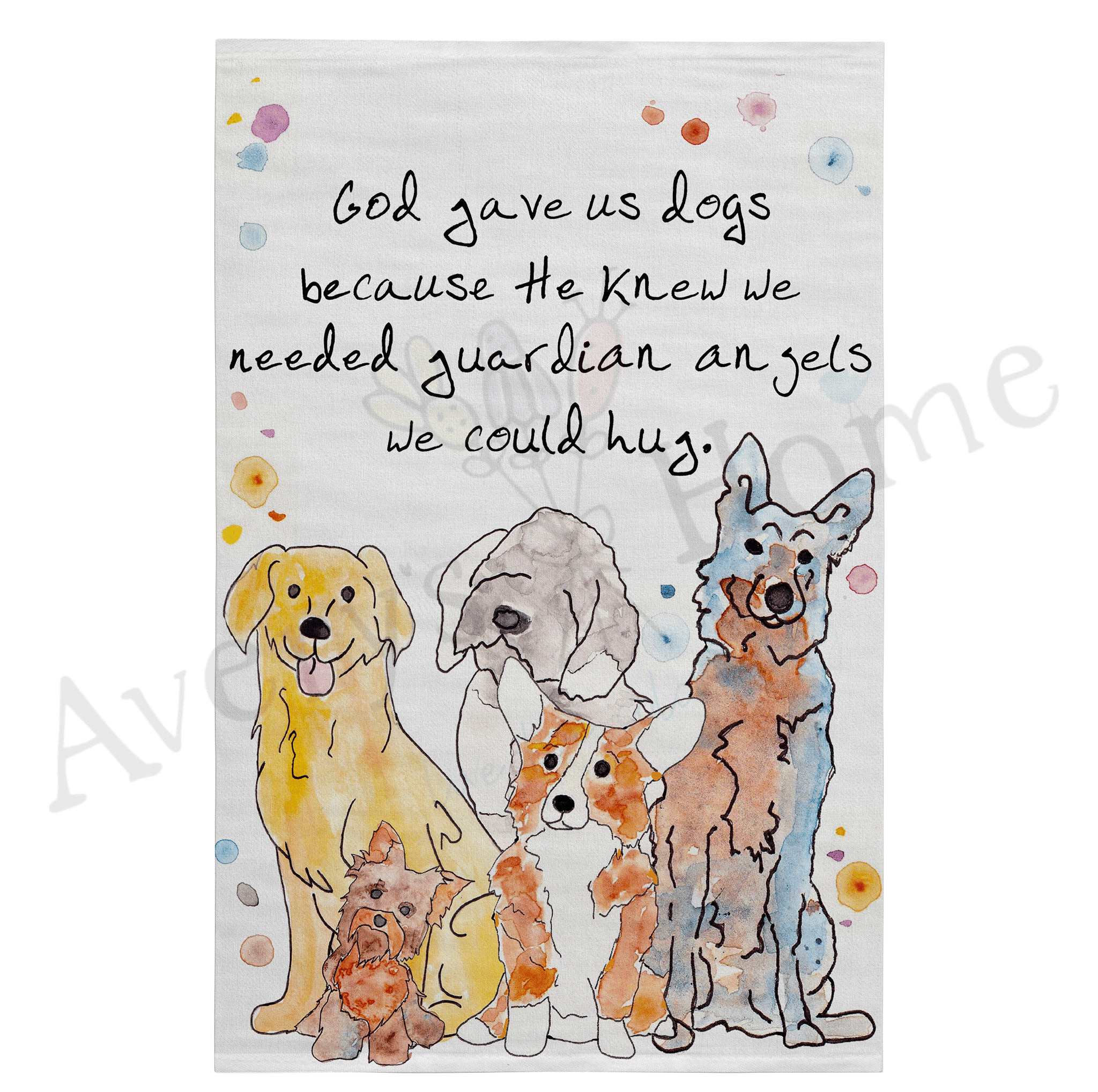 Dogs are Guardian Angels dish towel design detail