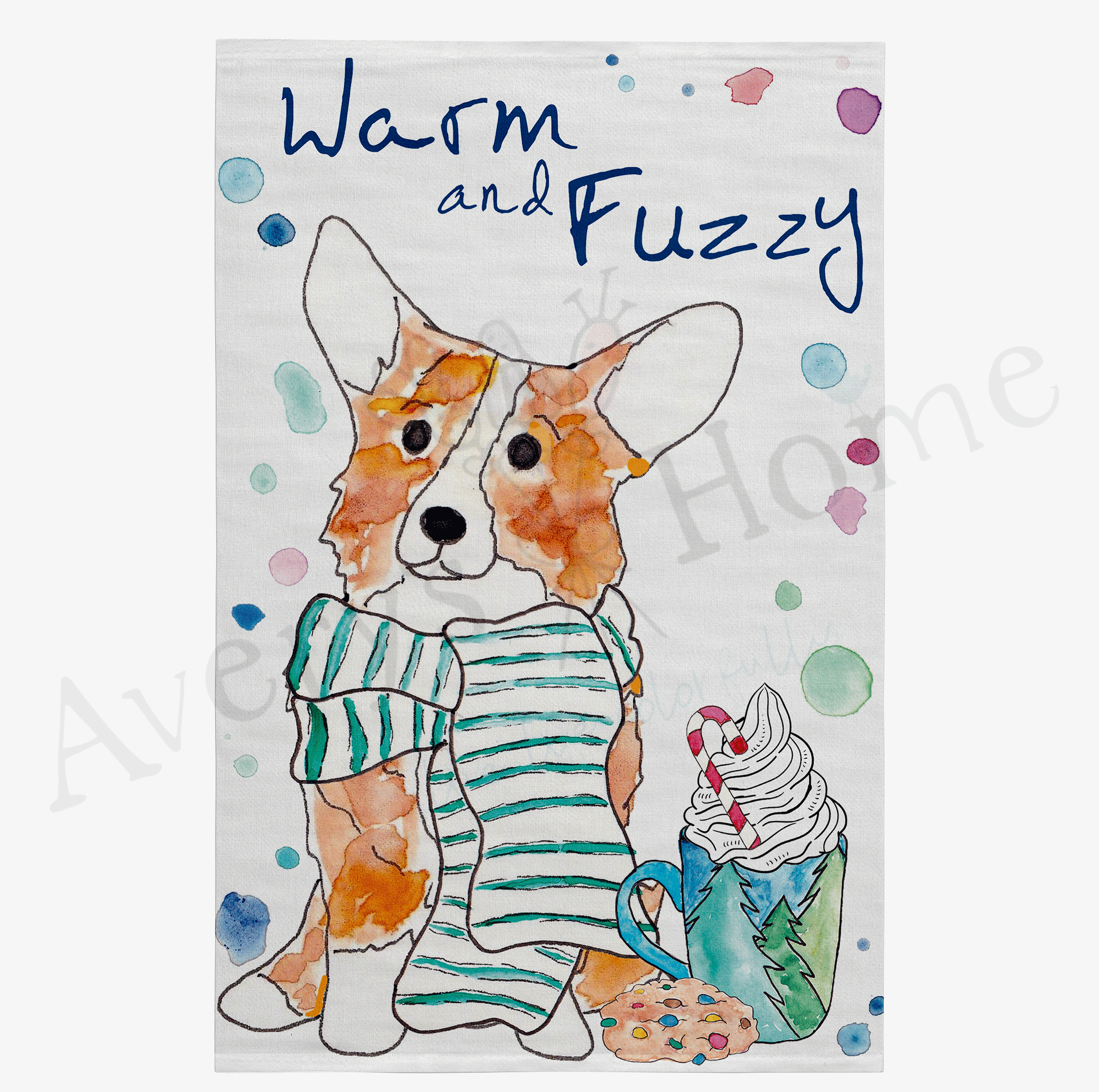 Warm and Fuzzy Winter Corgi dish towel design detail