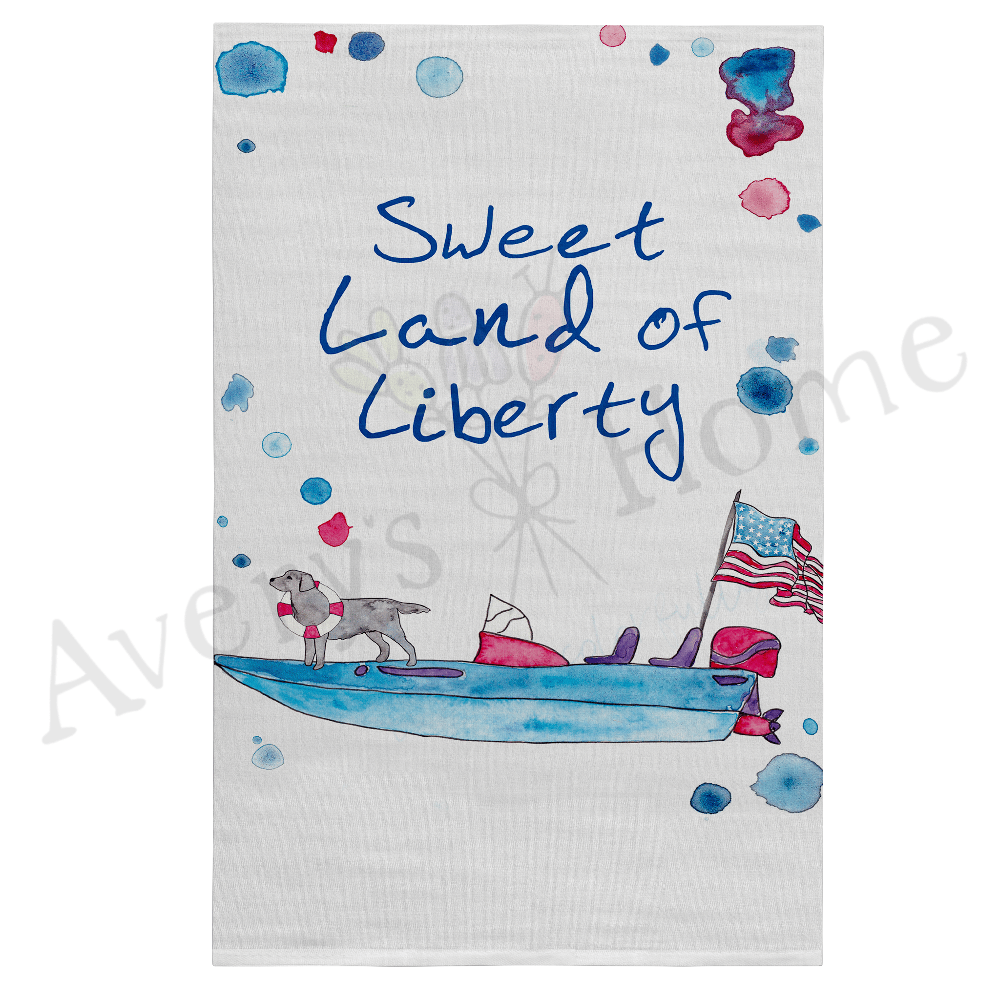 Sweet Land of Liberty dish towel hanging in the kitchen