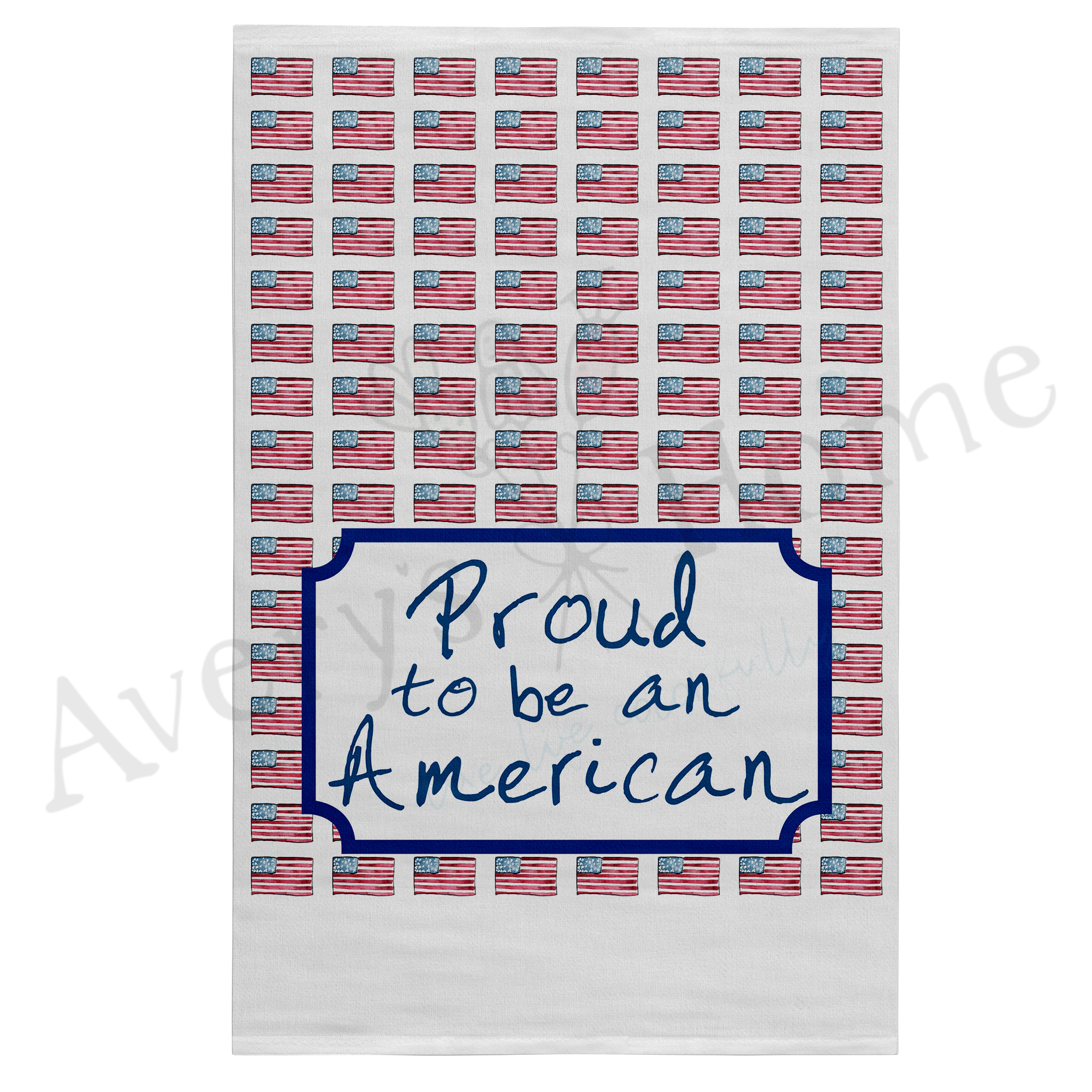 Proud to Be American dish towel hanging in the kitchen