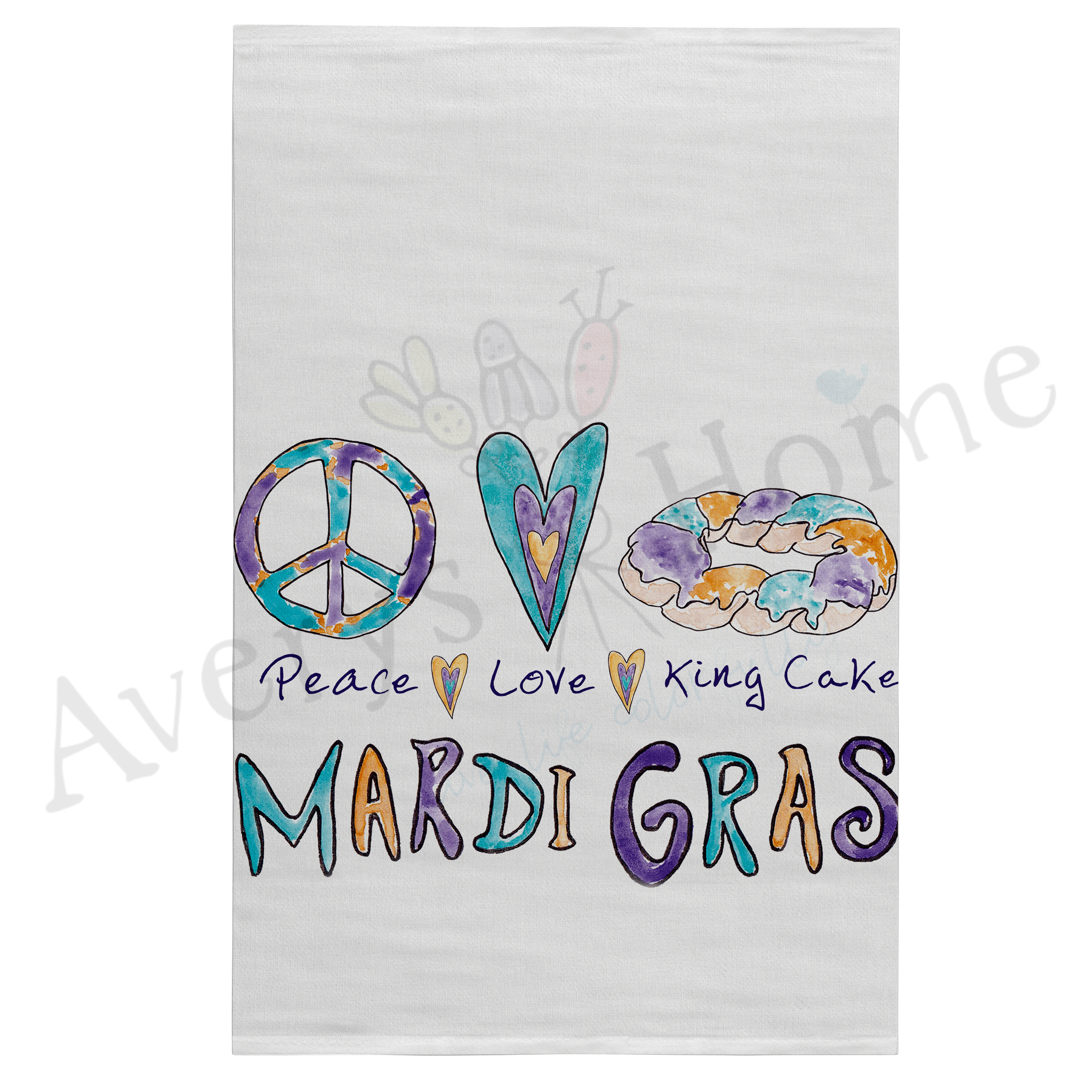 Peace Love Mardi Gras dish towel hanging in the kitchen