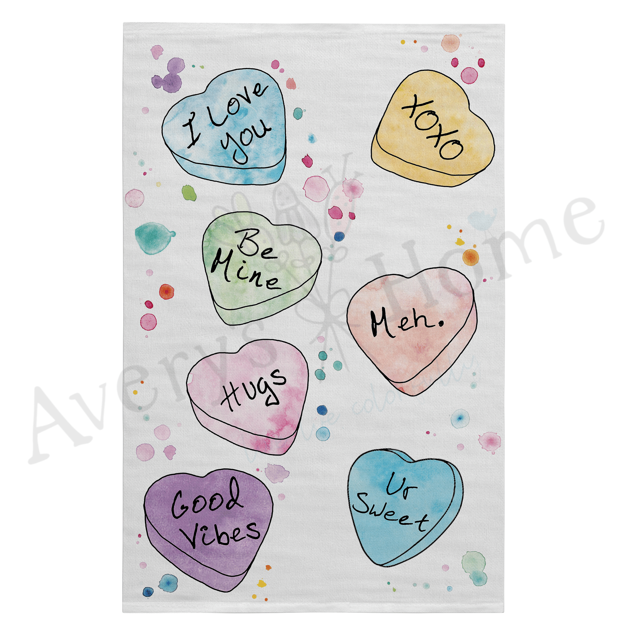 Valentine's Conversation Hearts dish towel design detail