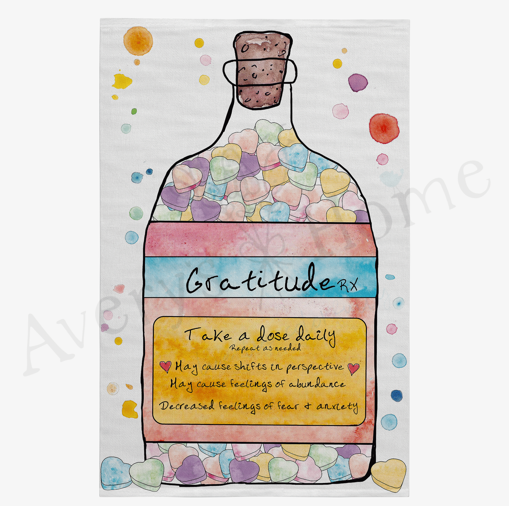 Gratitude In a Bottle dish towel design detail