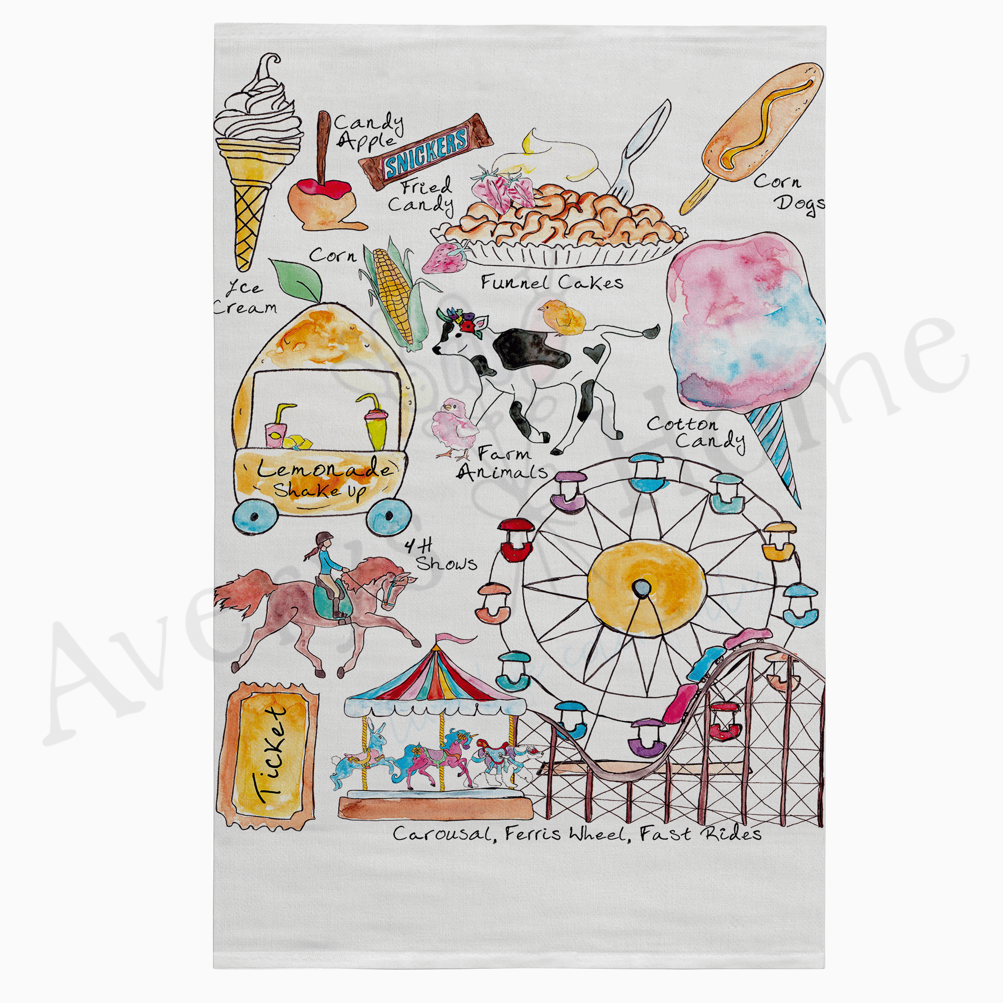 Fair Favorites dish towel hanging in the kitchen
