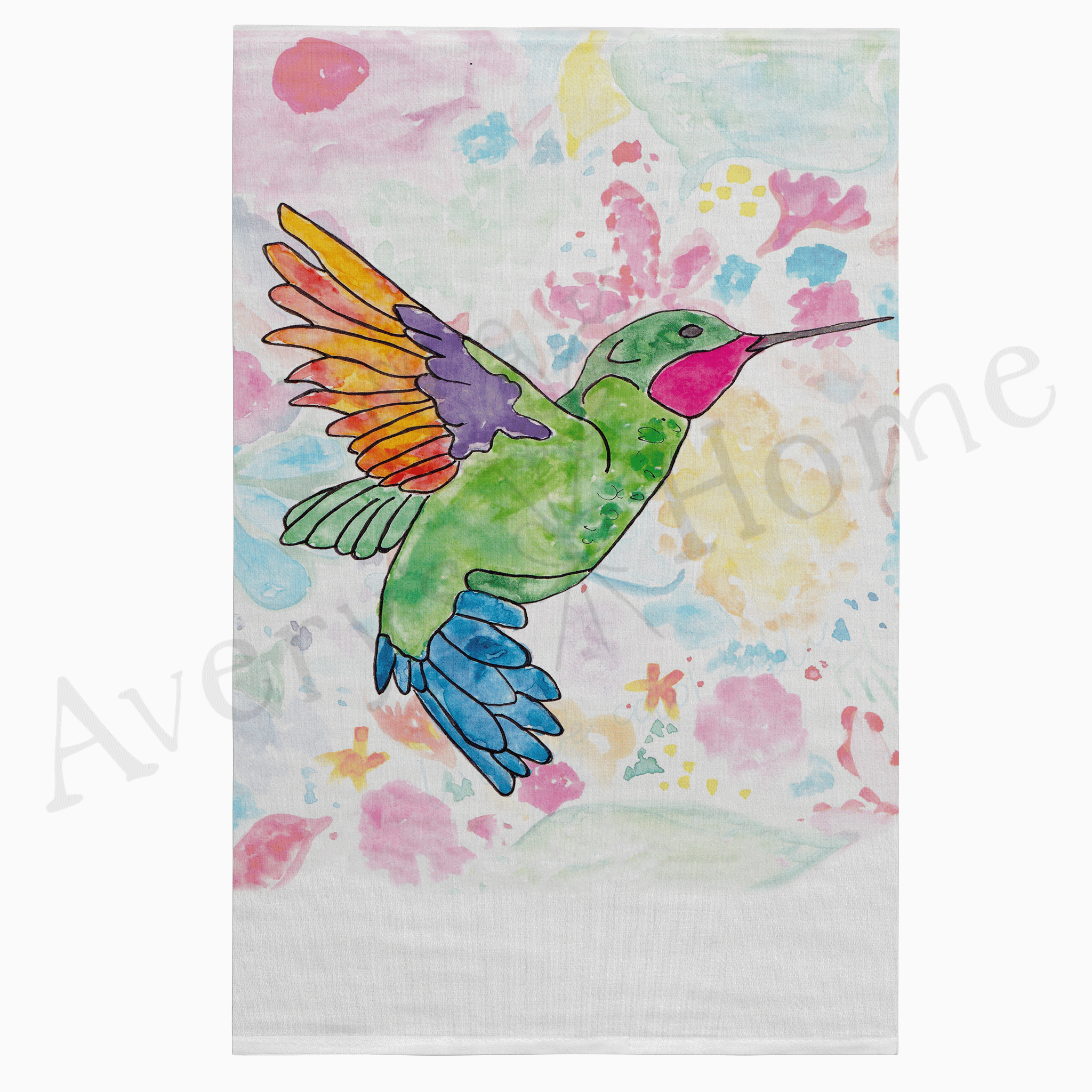 Ruby Throated Hummingbird dish towel hanging in the kitchen