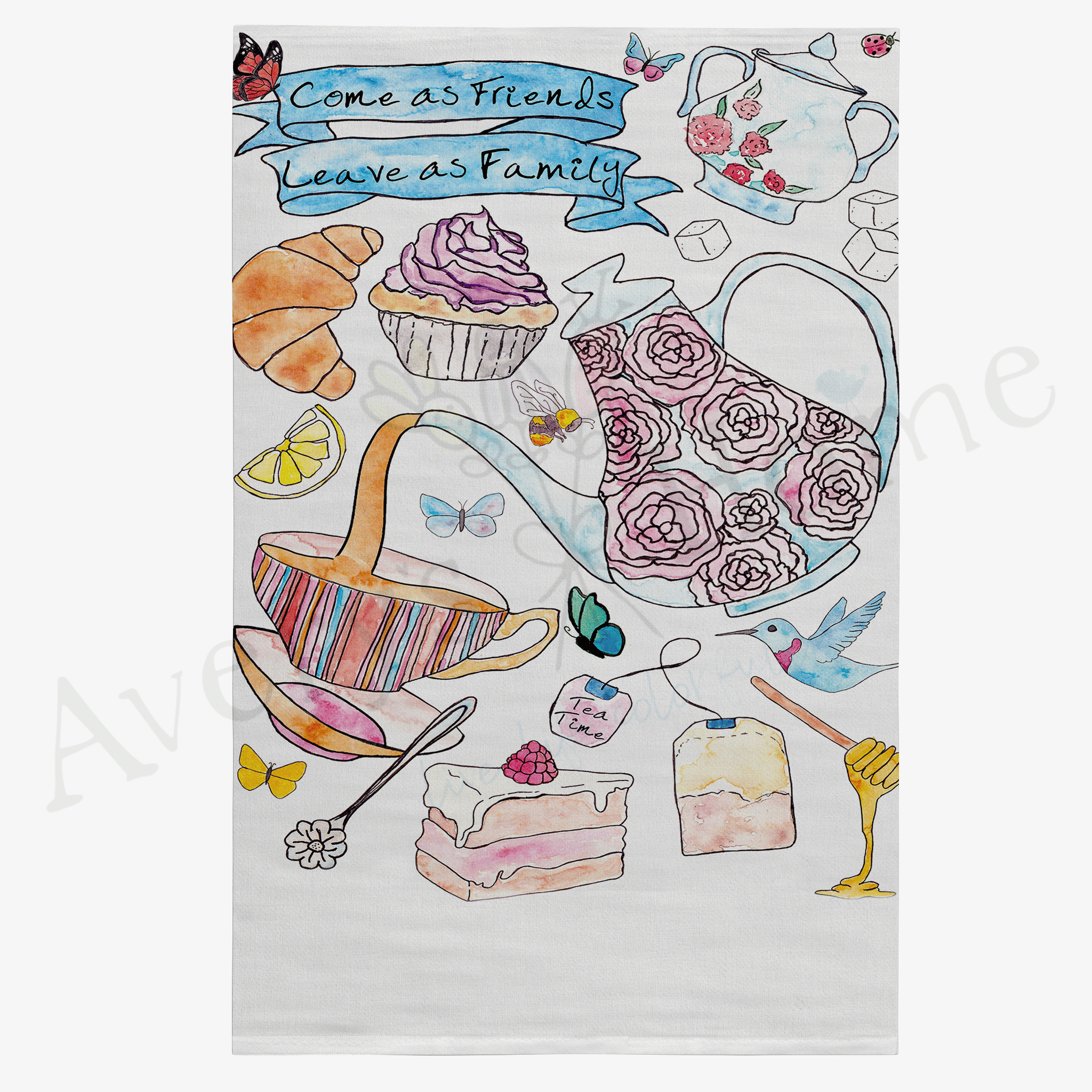 Come As Friends dish towel design detail