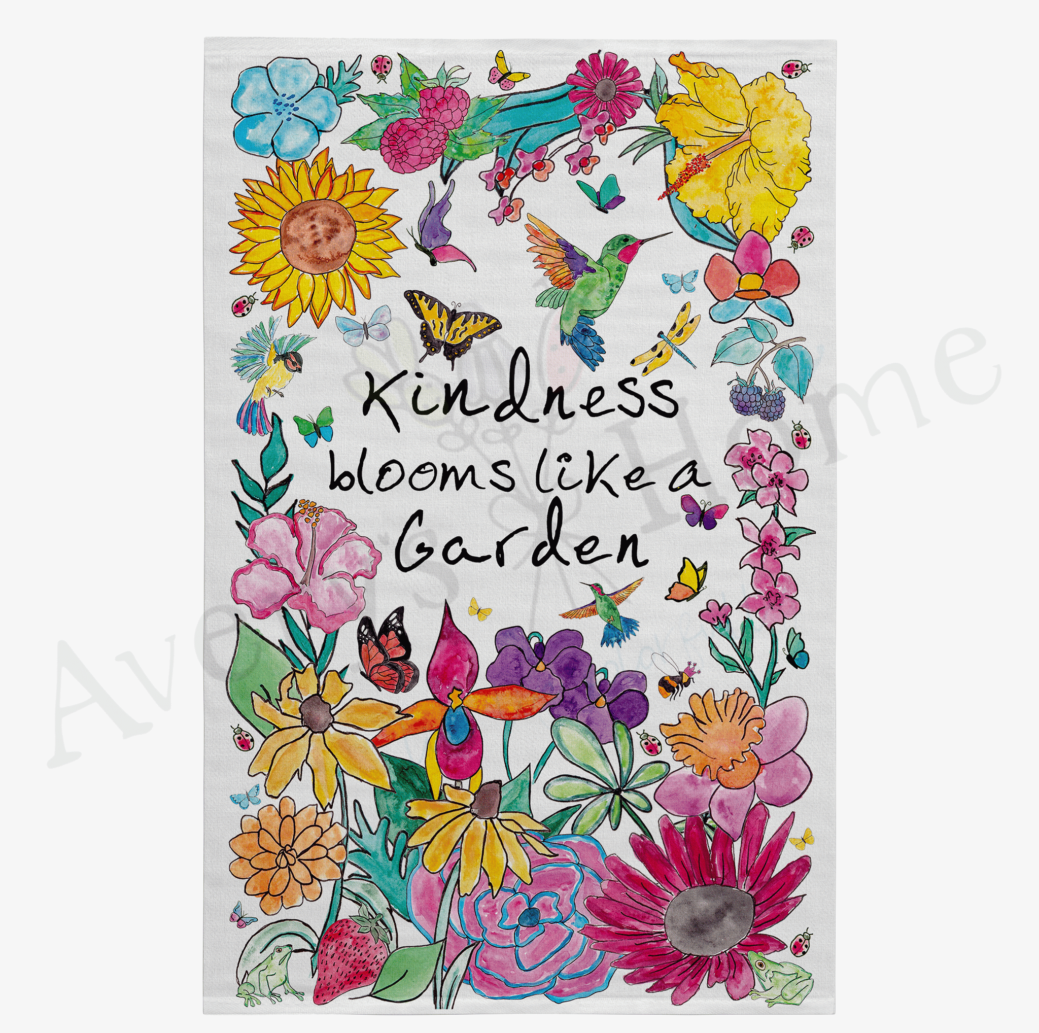 Kindness Blooms Garden dish towel design detail