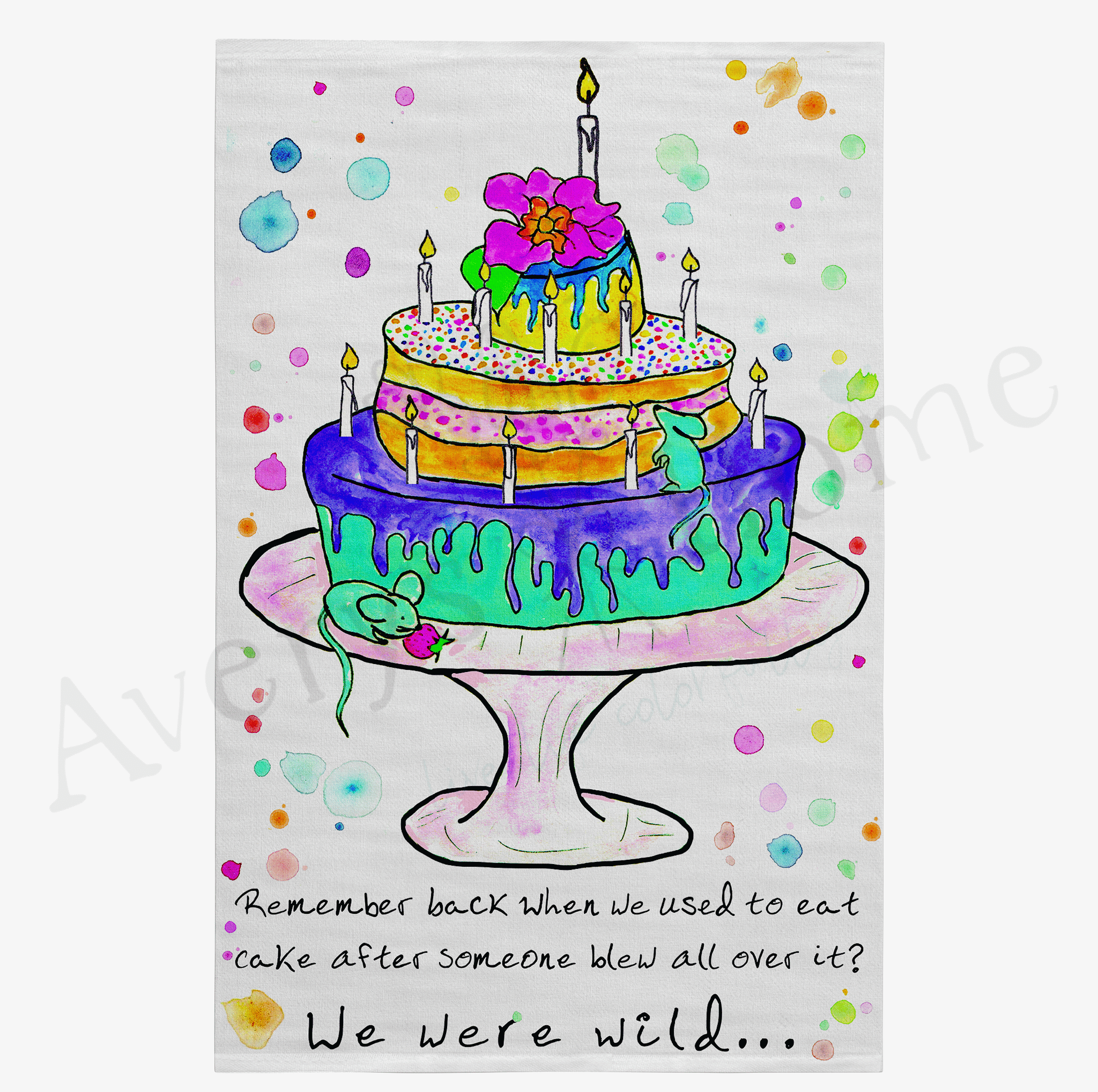 We were Wild Birthday Cake dish towel design detail