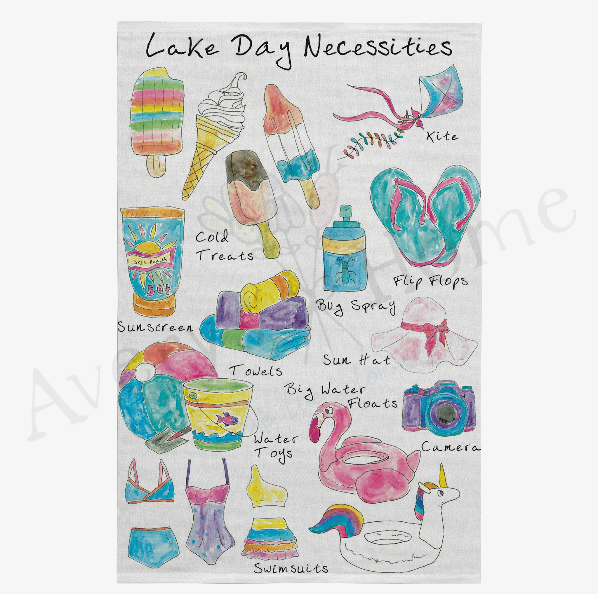 Lake Day Necessities dish towel design detail