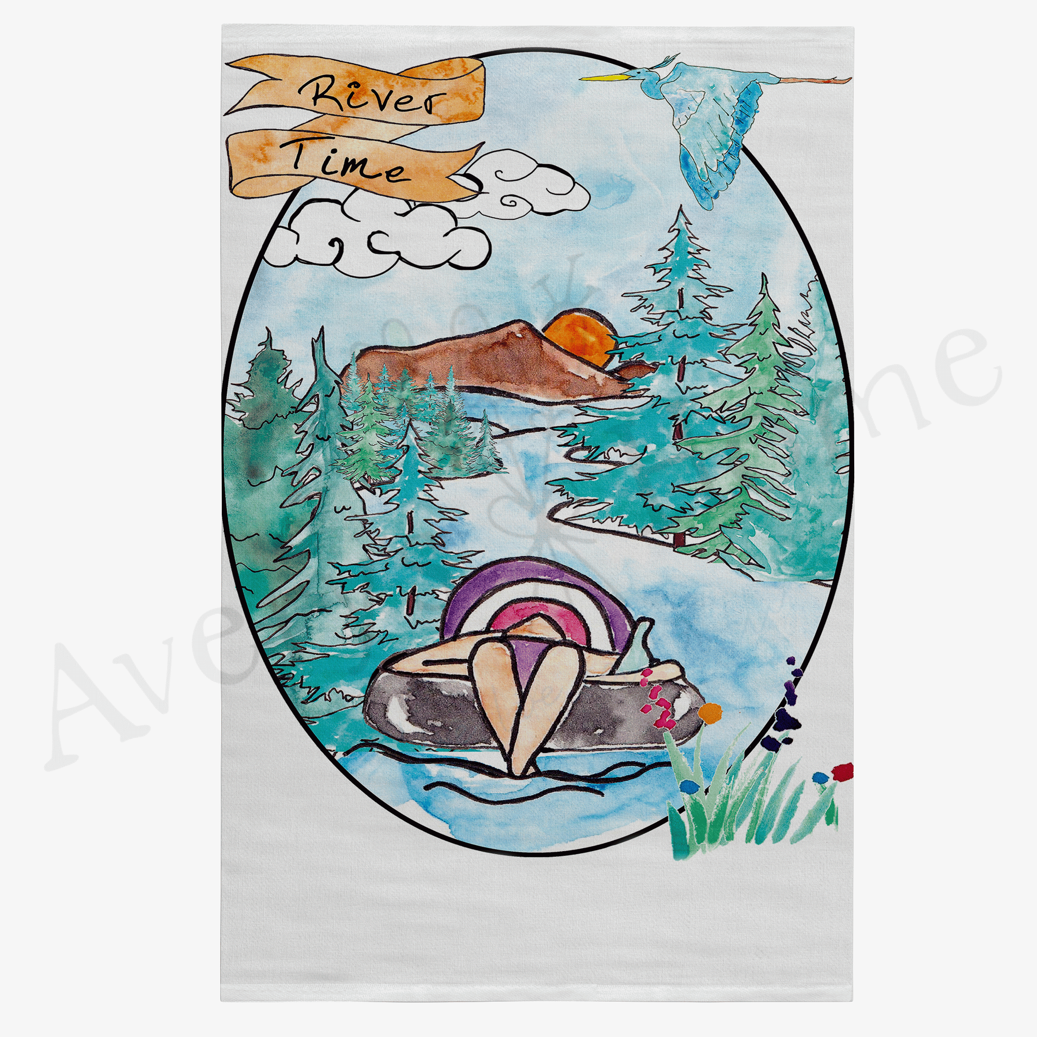 River Time dish towel hanging in the kitchen