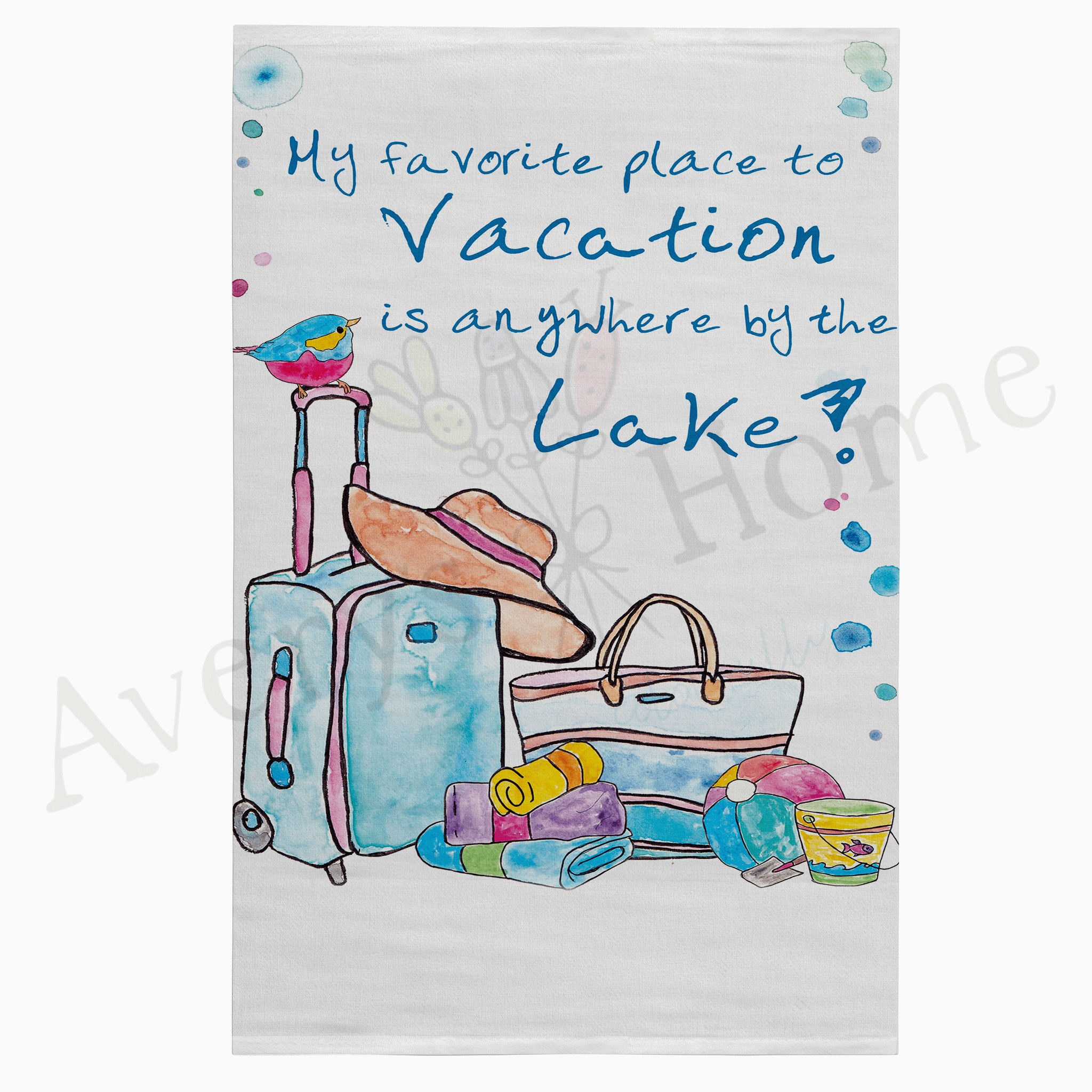 Summer Lake Vacation dish towel hanging in the kitchen