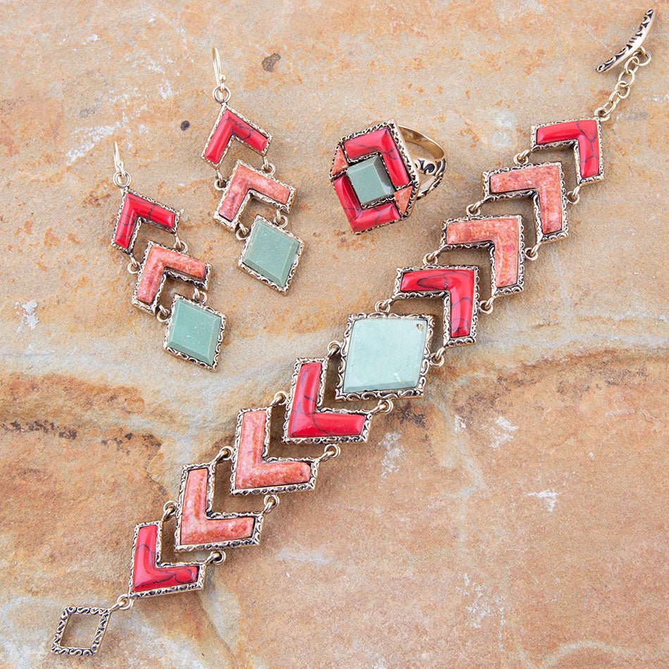 Turquoise and Coral Tapestry Ring