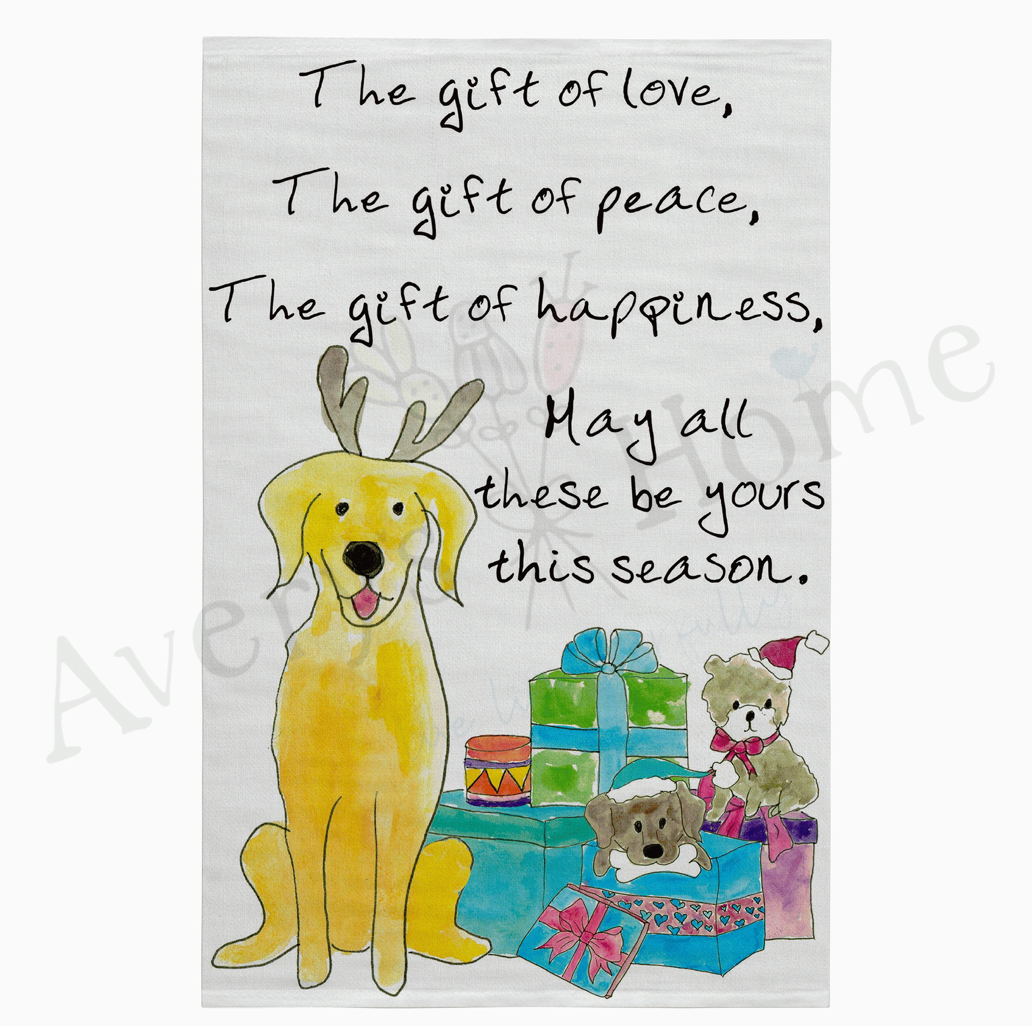 Christmas Gifts of Love Peace Happiness dish towel design detail