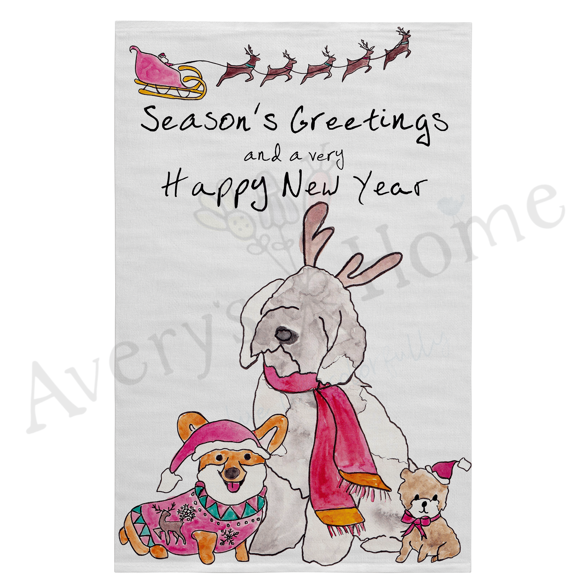 Season's Greetings and Happy New Year dish towel design detail