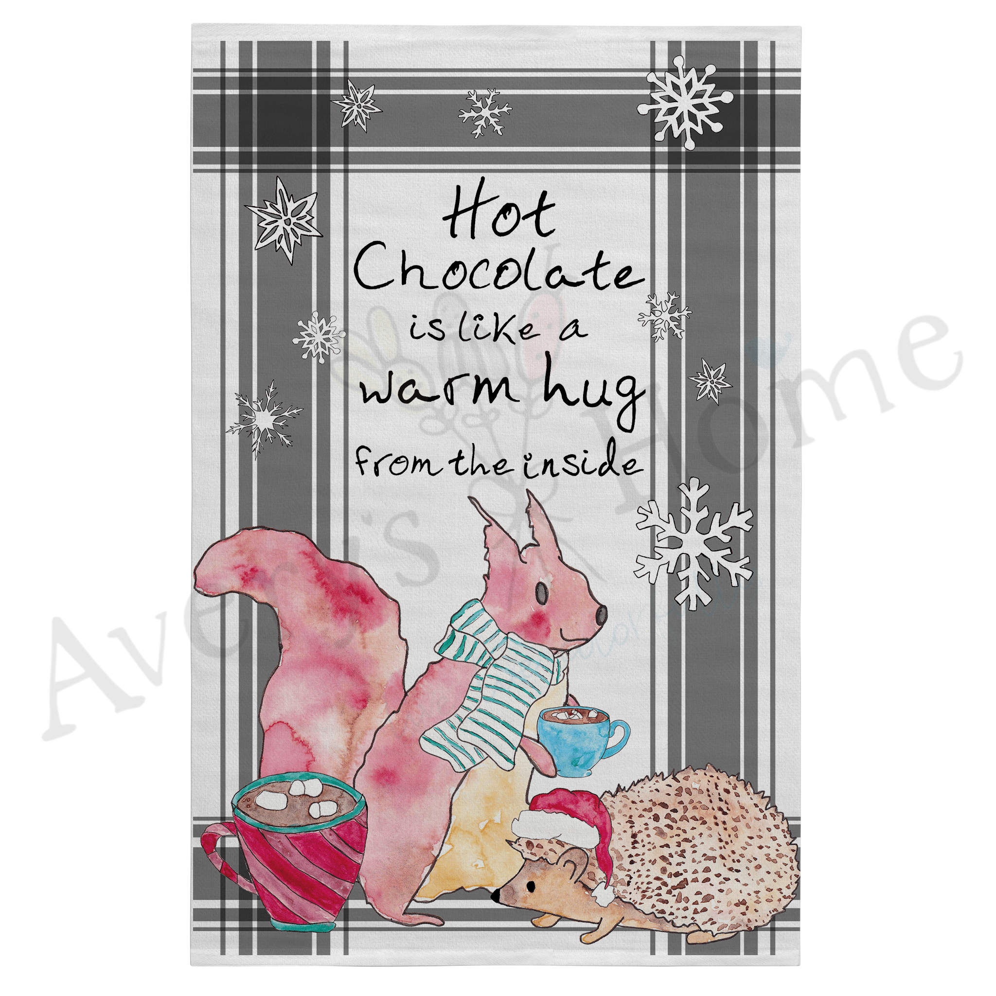 Hot Chocolate is a Warm Hug dish towel design detail