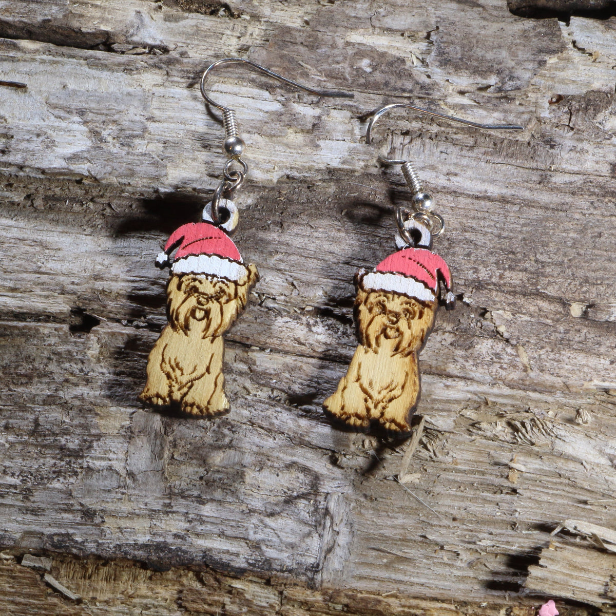 Yorkie with Santa Hat Wooden Dangle Earrings | Christmas Dog Jewelry